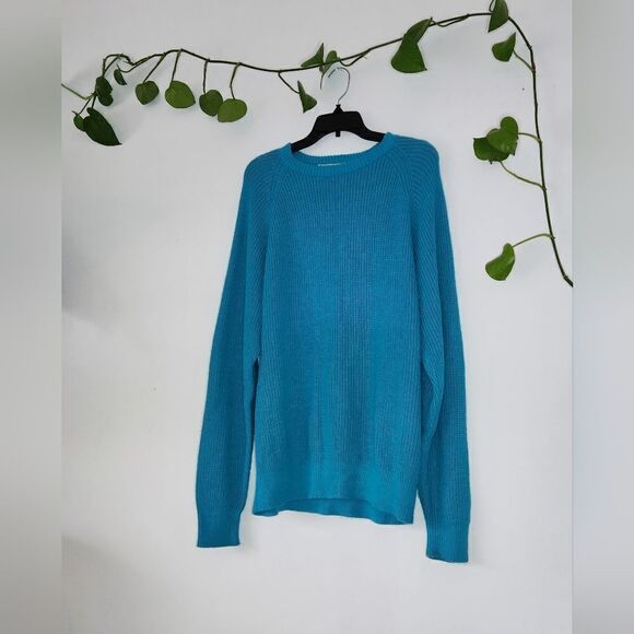 80s Oversize Acrylic Knit Teal Sweater Crew Neck Sz Large Vintage Cozy Long - Picture 2 of 4